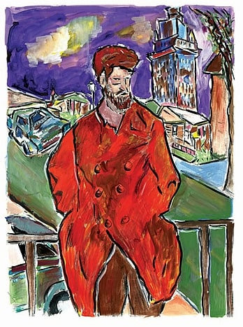 Dylan Man on Bridge Red Overcoat